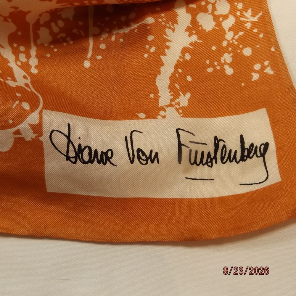 Vintage Diane Von Furstenburg Silk Scarf Orange Cream Paint Splatter Rectangle - Picture 2 of 4